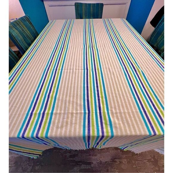 Max Studio Home Tablecloth Blue/Aqua/Green Striped Fringed 54 X 104 100% Cotton - Picture 3 of 10
